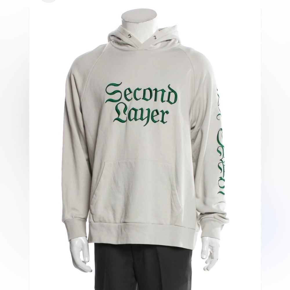 Second/Layer Men's Graphic Print Crew Neck Hoodie Beige Green Embroidered Cotton